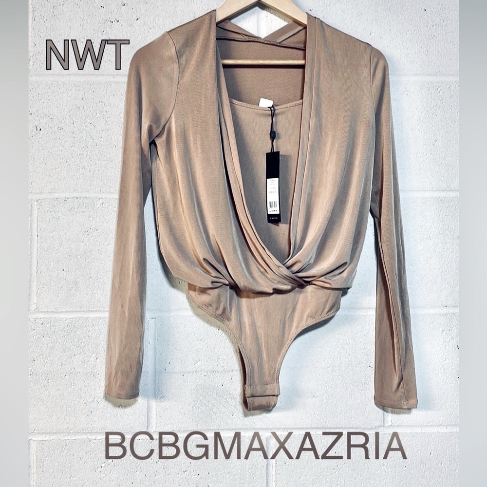 NWT camel bodysuit 2 layer Roebuck beige ribbed wrap thong long sleeve